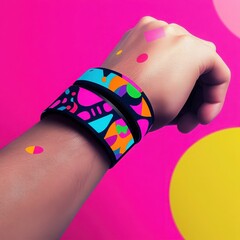 Bold and Bright: Two colorful, geometric patterned bracelets, one with bright abstract shapes and another in neon hues, adorn a wrist.