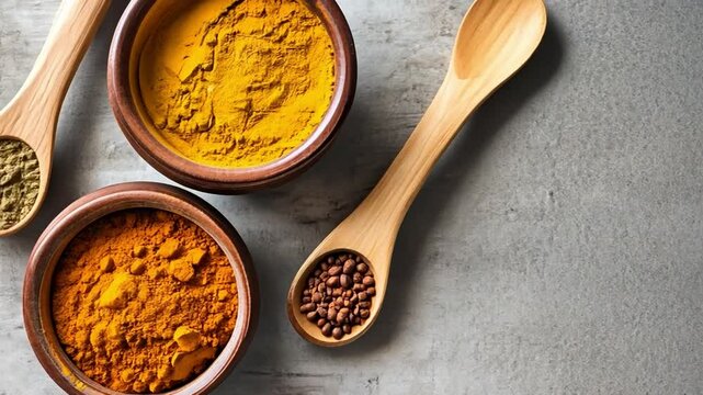 A bowl of yellow powder and a bowl of green powder are on a table
