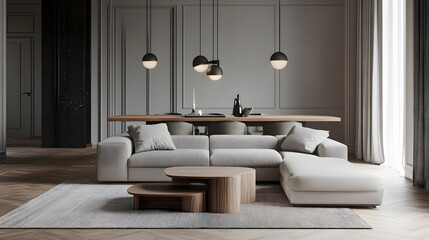 Modern lounge with a neutral palette, minimalist furniture, and pendant lighting.