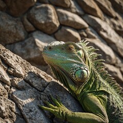 Fototapeta premium Brightly colored lizard .An iguana basking on a sunlit rock in a vibrant rainforest. A sun-soaked lizard basks on a warm stone, its shimmering scales catching the light