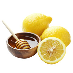 Fresh lemons and honey in wooden bowl create vibrant, natural scene. bright yellow lemons contrast beautifully with rich honey, evoking sense of freshness and sweetness