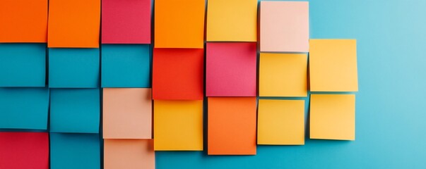 Vibrant Sticky Note Wall: An abstract arrangement of colorful sticky notes in various shades of orange, yellow, pink, and blue, creating a visually striking and energetic pattern. 