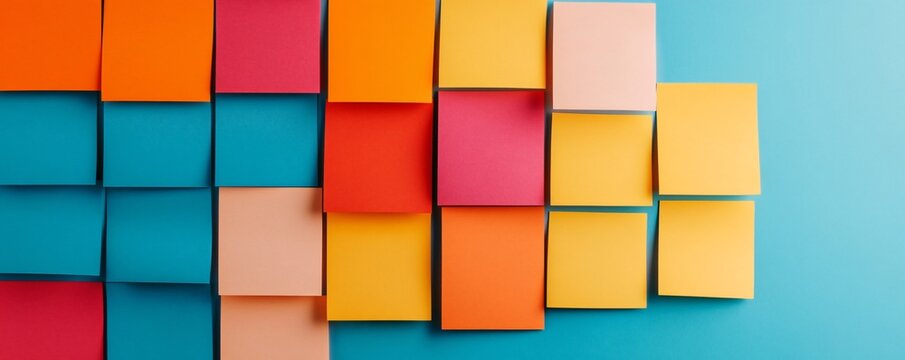 Vibrant Sticky Note Wall: An abstract arrangement of colorful sticky notes in various shades of orange, yellow, pink, and blue, creating a visually striking and energetic pattern. 