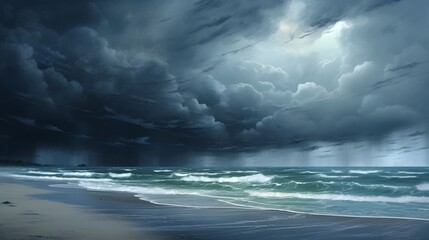 Fototapeta premium Dramatic and moody seascape with ominous storm clouds and rough turbulent ocean waves crashing along the deserted windswept coastline