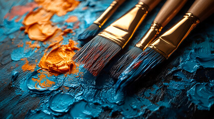 Obraz premium an artist palette with vivid paint splatters and brushes ai 