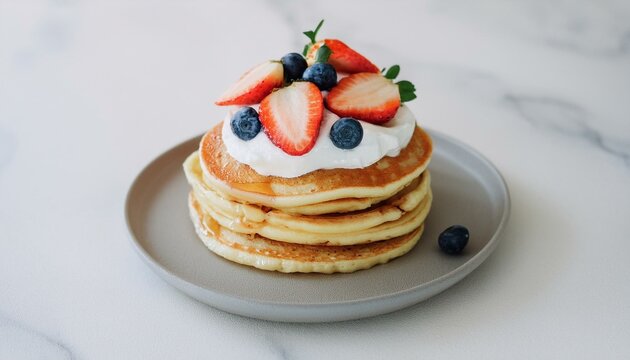 Pancakes decorated with cream and fruit