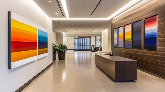 A modern office lobby featuring vibrant abstract art and a reception desk.