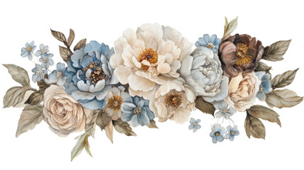 Obraz premium Vintage style garden bouquet in watercolor featuring peonies, roses, and blue flowers, creating serene and elegant floral arrangement
