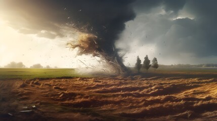 Dramatic tornado ripping through an empty rural field with debris and vegetation swirling violently through the turbulent air showcasing the immense power and destruction of this natural disaster