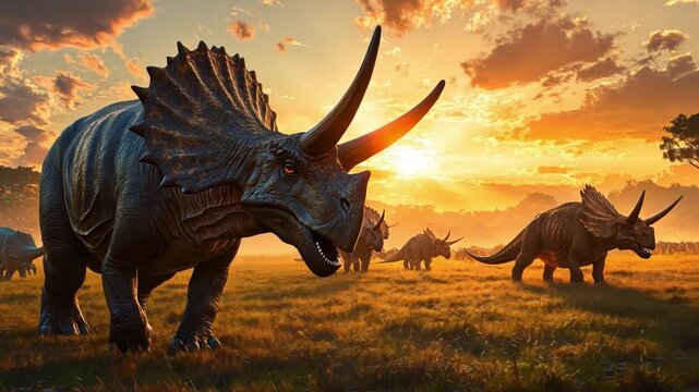 This image captures a serene moment in a prehistoric world. Triceratops grace the landscape. Perfect for educational, artistic, or entertainment purposes. Generative AI