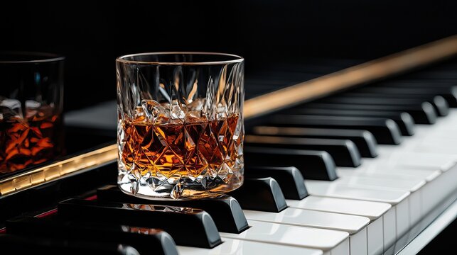 A glass of whiskey rests on a piano, blending the sophistication of music and drink in a rich, elegant setting.