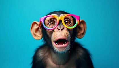 Fototapeta premium A Playful Chimpanzee wearing Colorful Glasses against a Vibrant Blue Background
