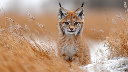 Obraz premium Eurasian Lynx in snowy field, winter wildlife scene, nature photography
