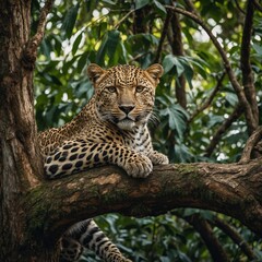"A stealthy leopard resting on a tree branch in a dense jungle." A leopard lounging on a tree branch in a lush forest.A leopard lounging on a golden, ancient tree in a mythical jungle.

