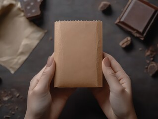 Fototapeta premium Woman Holds Small Brown Paper Bag of Chocolates
