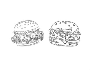 hand drawn hamburger. Set of hand drawn hamburger, burger. Set of doodle style hamburger, burger. Vector illustration