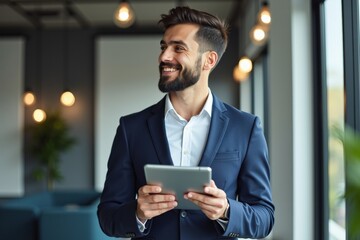 Confident businessman using tablet in modern office setting, smiling and engaging with technology, portrait of young professional in smart attire
