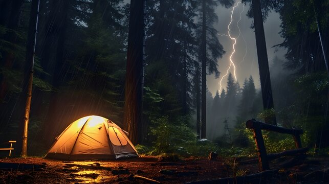 Dramatic campsite setting surrounded by lush forest scenery during a heavy rainstorm with flashes of lightning illuminating the cloudy moody atmosphere