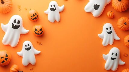 Halloween celebration with ghosts and pumpkins festive decor orange background