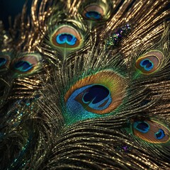 Fototapeta premium A close-up of a peacocks feathers displaying their iridescent beauty2 ,A pair of peacock feathers on display with their vibrant colors and intricate patterns, nature, elegant