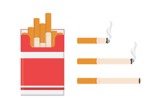 Cigarette pack and cigarettes set different stages of burn, Tobacco burning process from new cigarette to butt, Smoking products with ash, harmful cigar,