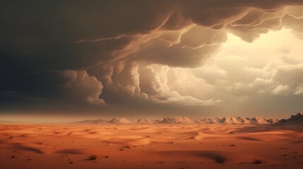 Approaching Thunderstorm Transforms Serene Desert Landscape into a Dramatic Moody Scene of Clouds Sky and Rugged Terrain