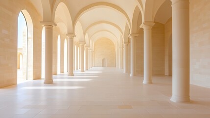 A serene architectural space with arches and columns, creating a tranquil atmosphere.