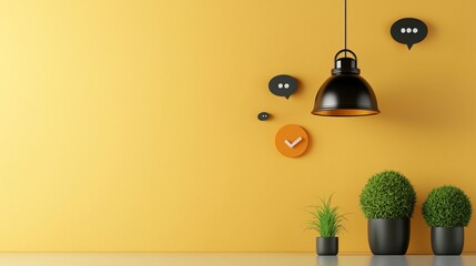 Obraz premium Stylish Modern Workspace with Yellow Wall, Decorative Plants, Hanging Light, and Thought Bubbles