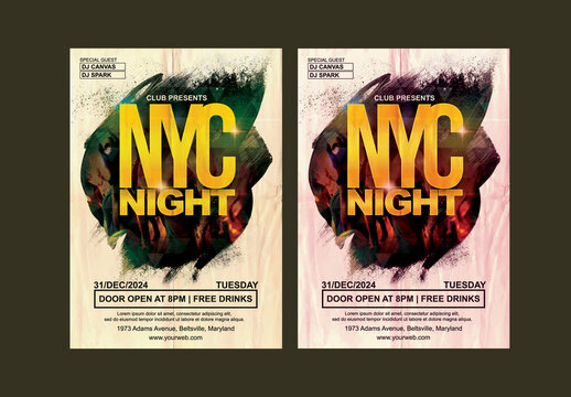 NYE Night Party Invitation Card with Glowing Golden Neon Text and People Dancing Club Silhouette in Brush Stroke Background.