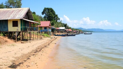Obraz premium Lakeside Village in Tropical Setting