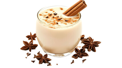 Eggnog with cinnamon stick isolated on a white background