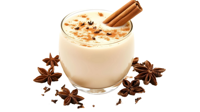 Eggnog with cinnamon stick isolated on a white background