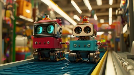 Two Toy Robots Travel on a Conveyor Belt
