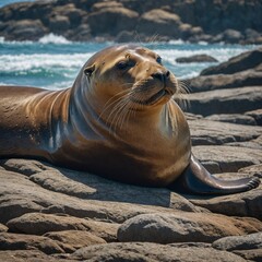 Fototapeta premium A sea lion basking in the sun on a rock. A playful seal lounging on a sunlit rock near the shore. Sea lion sitting on stone on beach