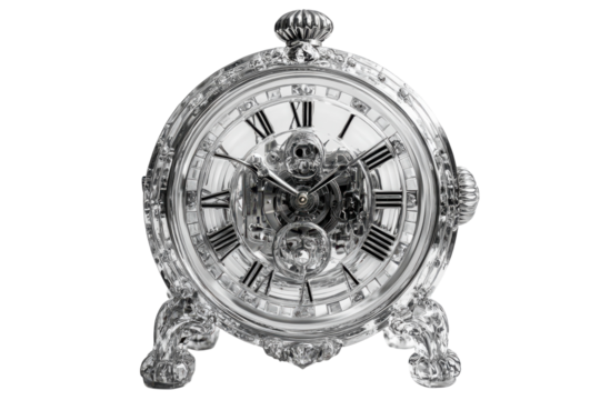 Elegant crystal clock showcasing intricate design and mechanics in a classic style with Roman numerals and ornate details