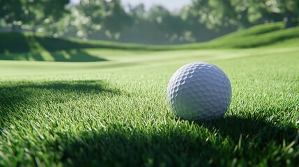 Obraz premium Golf ball on green, sunny course, forest background, sport