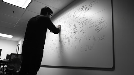 Man writing notes on large whiteboard in office
