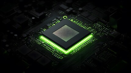 Fototapeta premium Futuristic Green Microchip glowing on Board / 基板上で光り輝く未来的な緑のマイクロチップ
