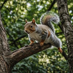 Close-up of gray squirrel sitting on a rock in forest South Africa National Park .Curious Squirrel Poised on a Tree Branch in Lush Green Forest, Wildlife in Natural Habitat

