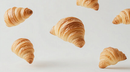 Croissant Flight: A whimsical collection of golden-brown croissants suspended mid-air against a light background.  