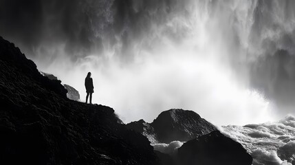 Solitary Figure Observing Powerful Waterfall Mist