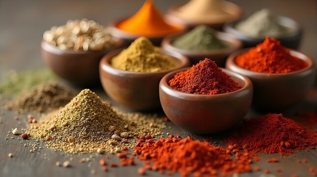 Assorted Spices in Ceramic Bowls, Vibrant Colors, Textured Powdered Condiments, Culinary Display, Rustic Wooden Surface, Shallow Depth of Field, Close-up, Warm Tones, Overhead View, Aromatic Delights,