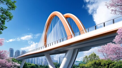 Fototapeta premium Modern Bridge with Vibrant Arches Against Clear Blue Sky