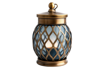 Decorative lantern with intricate metal design and teal glass, perfect for ambient lighting in any setting