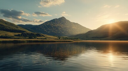 Serene Sunset Over Mountain Lake With Network Overlay