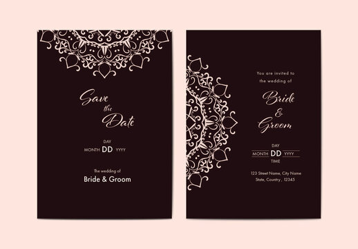 Elegant Wedding Invitation Cards with Event Details in Black Color.