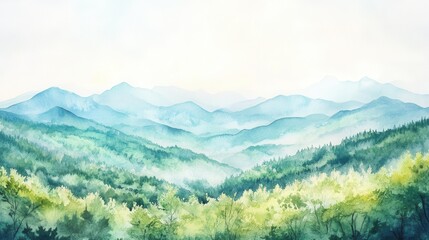 Watercolor of landscape forest misty mountains horizon and fog and hills,pine tree fir tree,Autumn forest background,drawn by hand,Autumn illustration design elements for landscape,wallpaper.