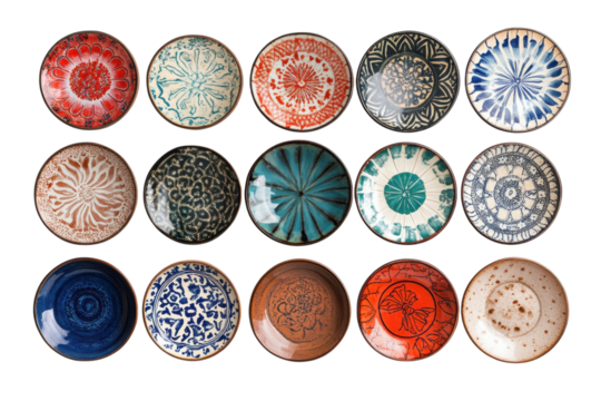 Collection of decorative ceramic plates showcasing intricate patterns and vibrant colors arranged in an artistic layout