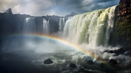 Fototapeta premium A captivating scene of a vibrant rainbow seamlessly blending into the mist and flow of a powerful cascading waterfall surrounded by a serene ethereal landscape