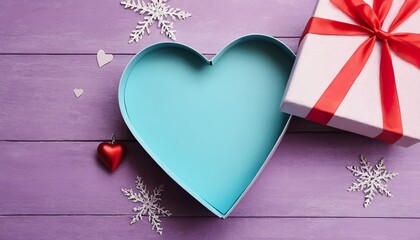 Heart-shaped gift box open on a purple wooden surface with a present and decorative elements.